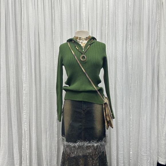Y2K Vintage Preppy Green Ribbed Sweater (M) - Picture 1 of 8